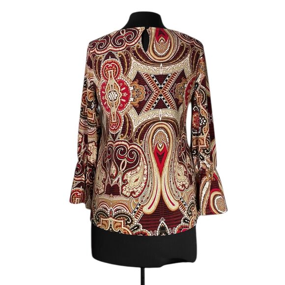 Chico's Women's Blouse Paisley Stretch Boho Retro Artsy Bell Sleeve Top 0 US S/4 - Picture 2 of 8